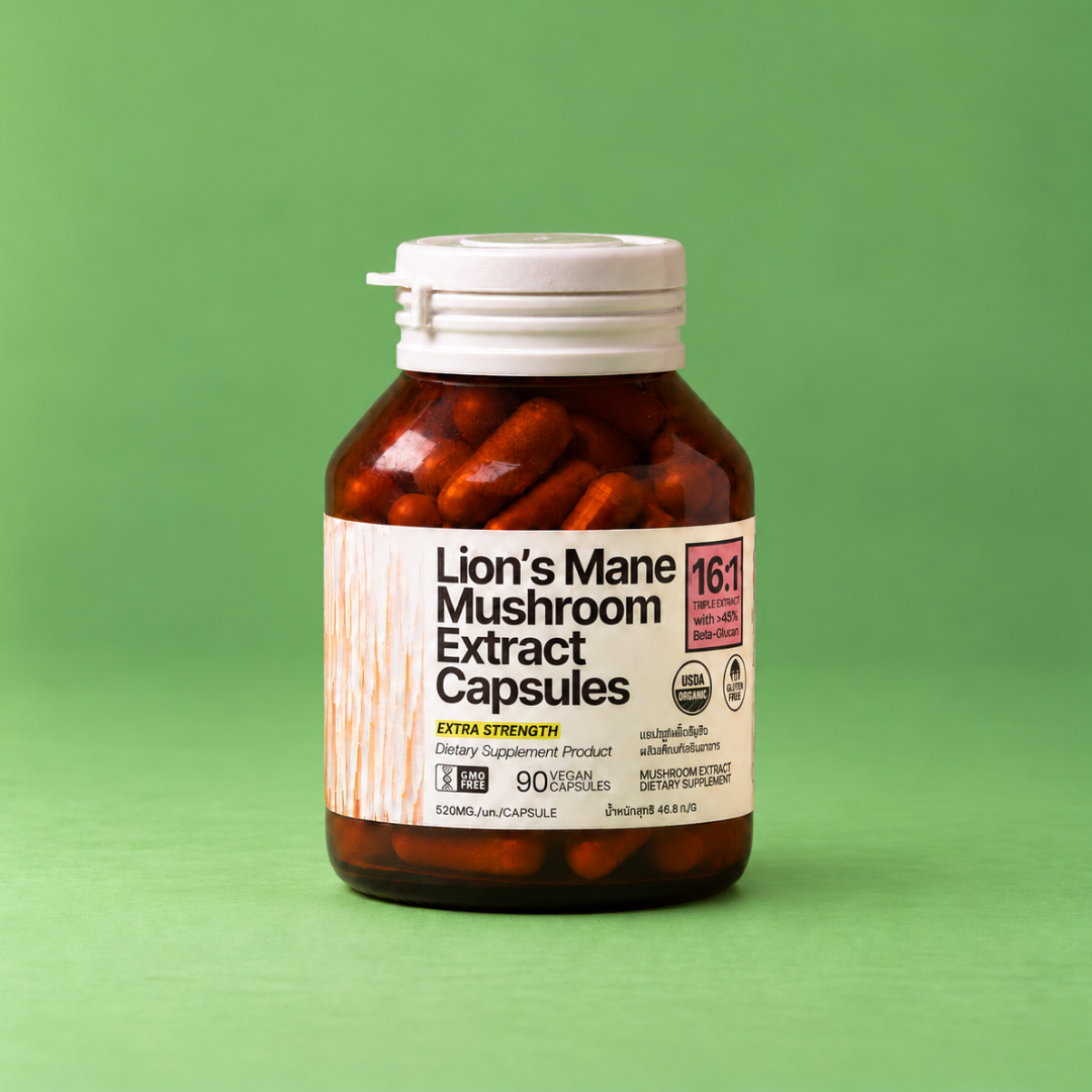 Earthling Lion's Mane 16:1 extract capsules with fresh lion's mane mushroom