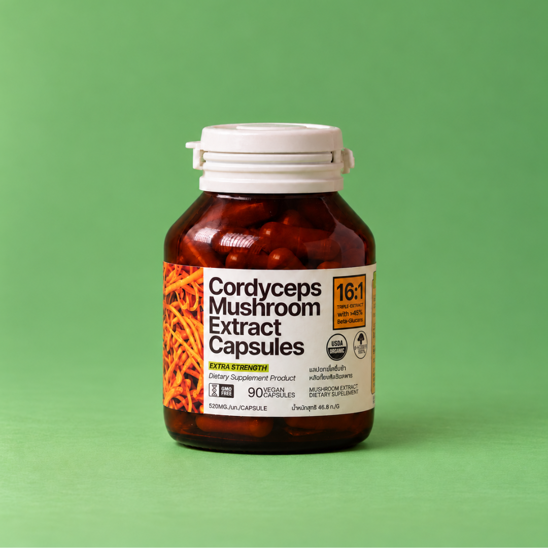 Earthling Cordyceps 16:1 extract capsules with fresh cordyceps militaris