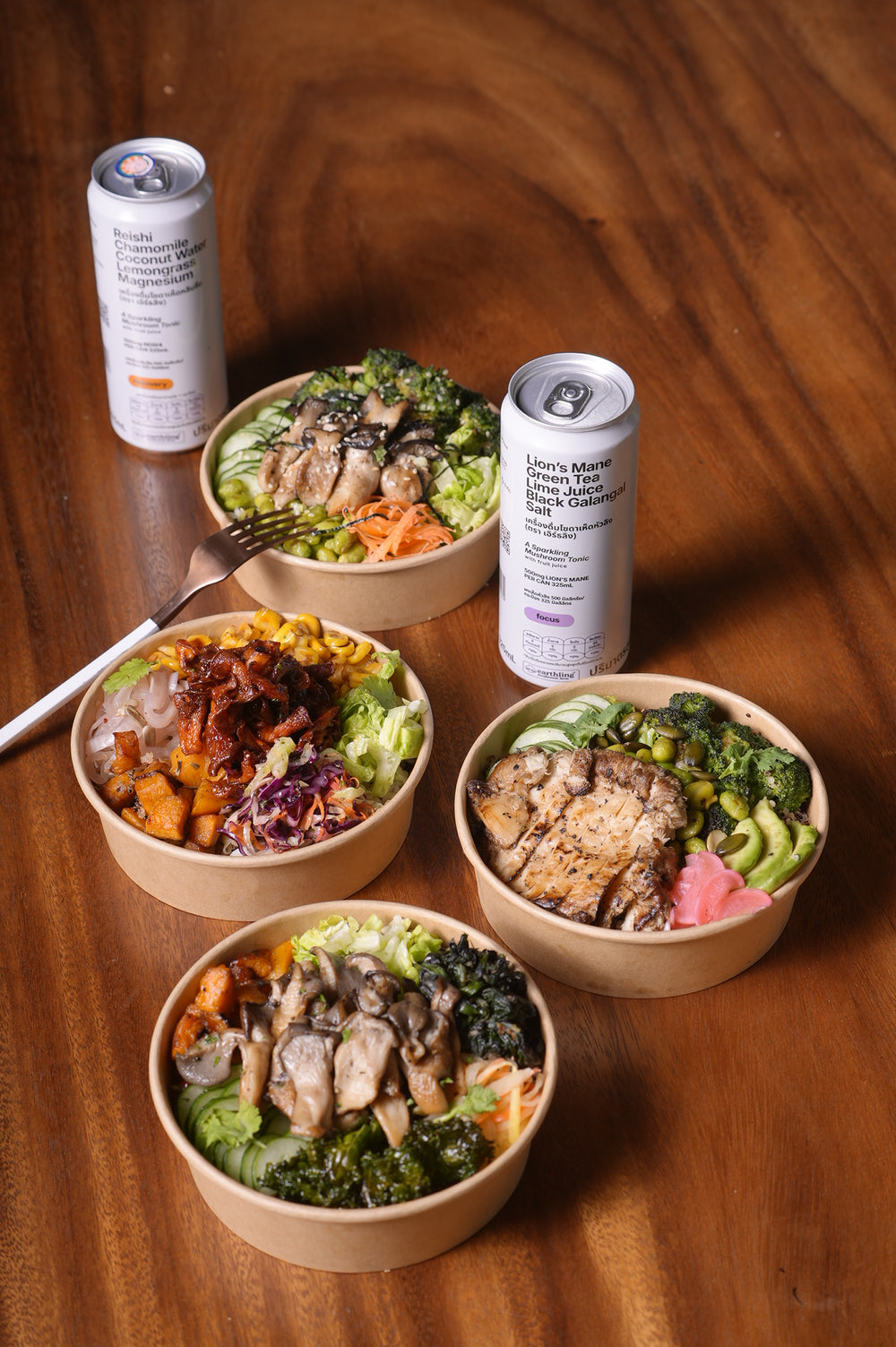 Four mushroom bowls with Focus and Recovery seltzers